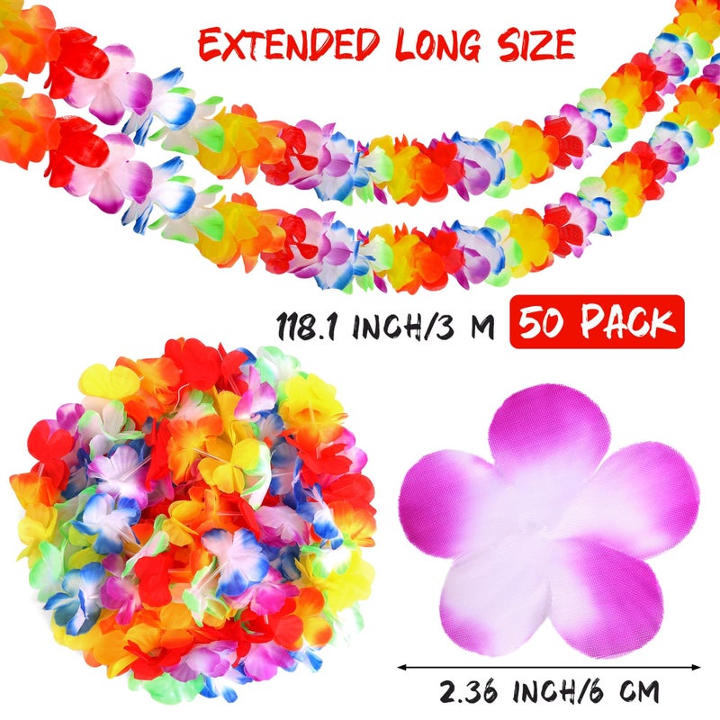 Aneco 50 Pack Hawaiian Tropical Jumbo Multicolored Luau Hibiscus Flower Lei Garland for Hawaiian Party Supplies Decorations, 10 Feet Each - Image 2